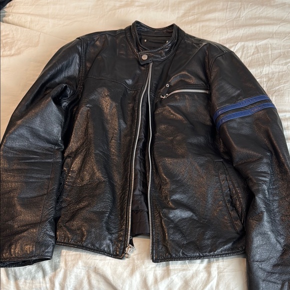 Wilsons Leather Other - Wilson’s Leather Men's Black Leather Jacket with Blue Stripe Racer Moto
